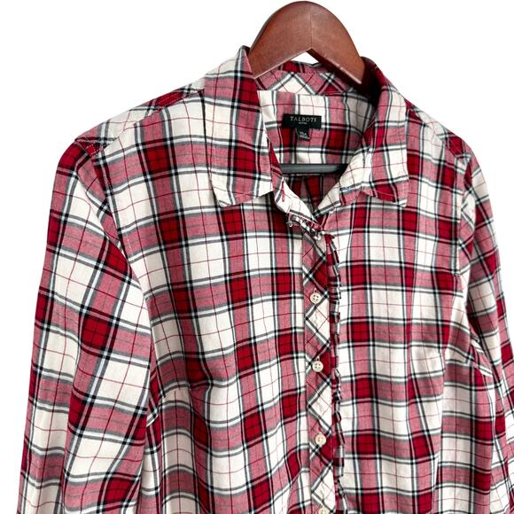 Talbots Sz XLP XL Petite Silver Sparkly Red Plaid Flannel Christmas Shirt Top - Picture 3 of 7